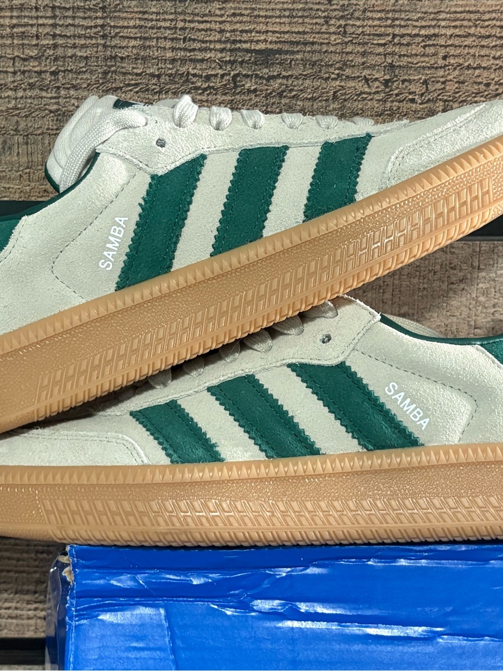 adidas Samba gray with Light Green stripes and Gum Sole men’s 7, women’s 8.
